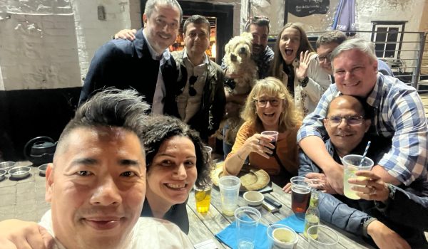 'ELC' Students, friends, Lynnie (The Teacher) and Toasty (The Dog) in Henley-on-Thames, celebrating after a concert for the Queen's Platinum Jubilee